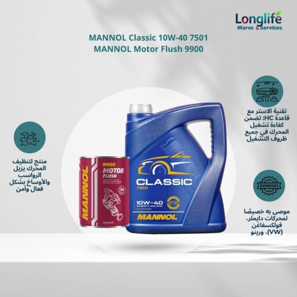 Pack Entretien Moteur MANNOL – Huile Classic 10W-40 7501 + Nettoyant Motor Flush 9900